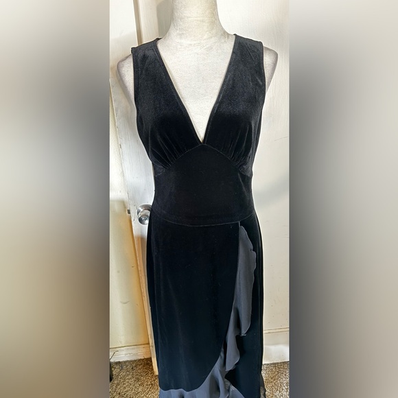 Vintage 90’s Connected Velvet Ruffle Hem Cocktail Dress Midi Plunging Neck noir - Picture 3 of 16